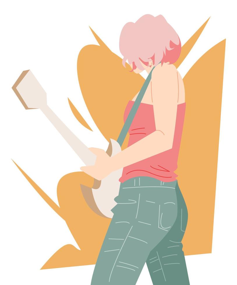short hair female guitarist performing. side view. band concept, music, bass. flat vector illustration