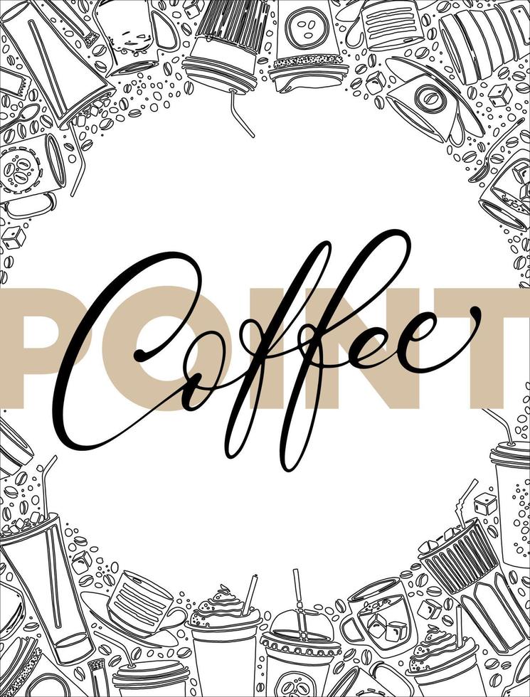 Vector beige color banner for marketing campaign, advertising, promotions. Hand drawn various linear coffee cups, mugs, frappe glasses, coffee beans, sugar and spoons around the text Coffee time.
