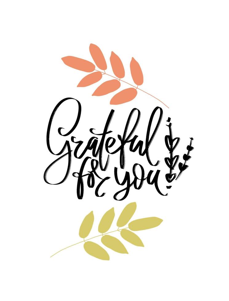 Grateful for you marker grunge lettering with yellow awtumn leaves. Inscription for cards, posters, social media posts, web design. Vector illustration.