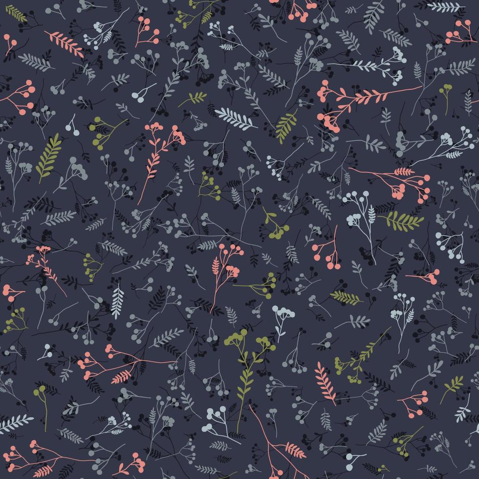 Vector hand-drawn small branches with berries dark color seamless pattern. Minimalistic floral background. Botanical repeatable simple backdrop.