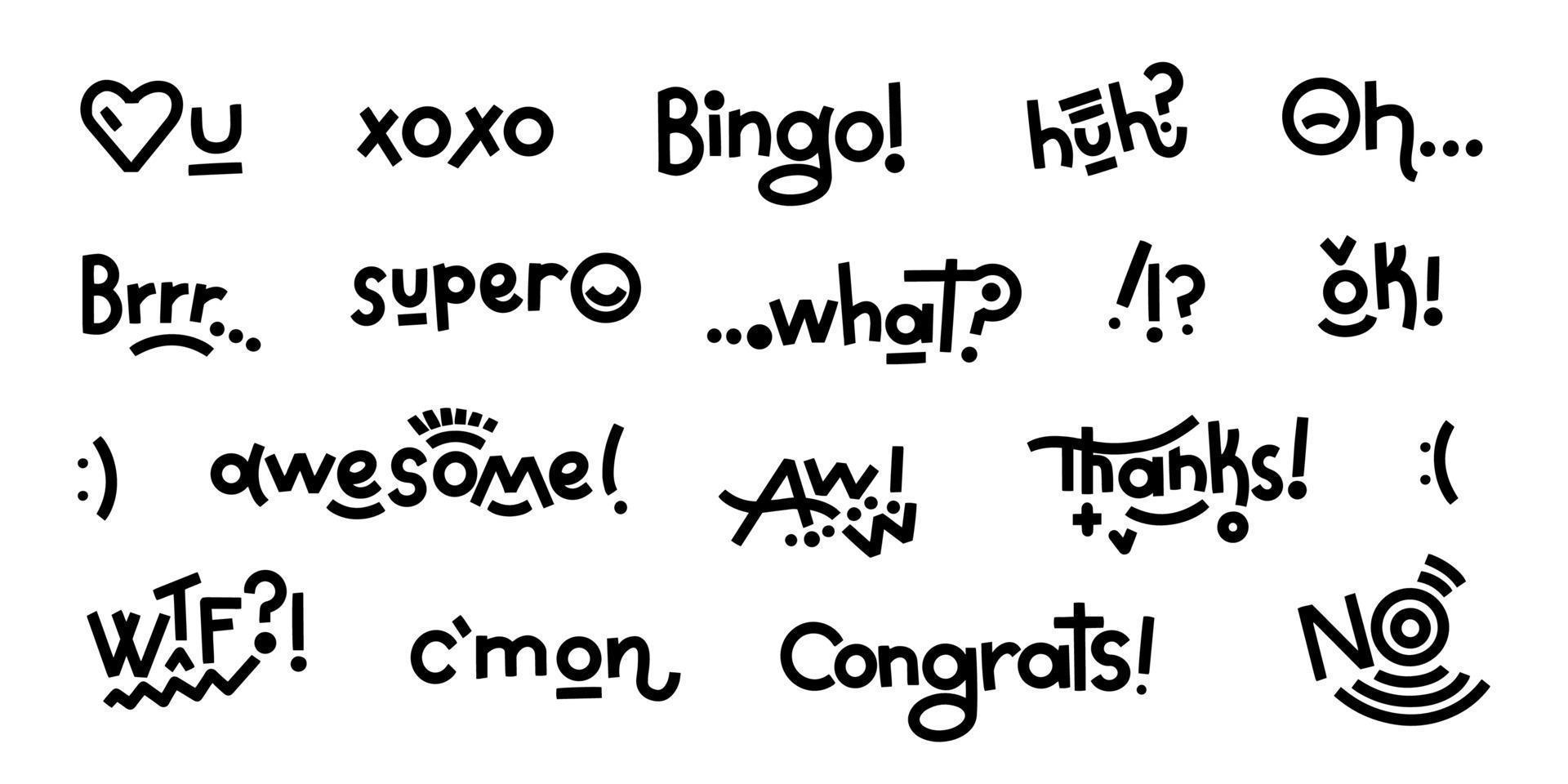Exclamations oh, huh, aww, wtf and other words such as congrats, awesome, super as a collection. Modern bold lettering with geometric elements. Vector funny words for stickers, posters, social media.
