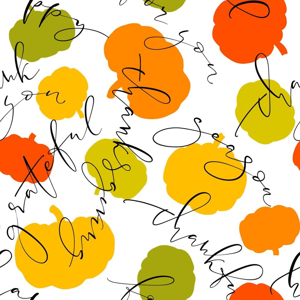 Bright pumpkin silhouettes and thin script words about thanksgiving seamless pattern. Vector illustration. Background for fabrics, surfaces, wallpaper.