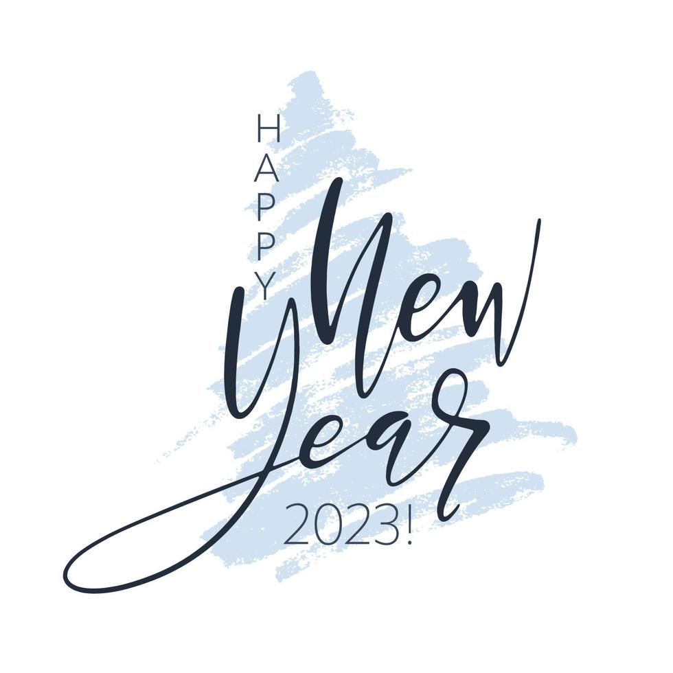 feliz tarjeta de felicitación de año nuevo 2023. ilustración vectorial de vacaciones con composición de letras y siluetas de árboles de Navidad dibujadas a mano. vector