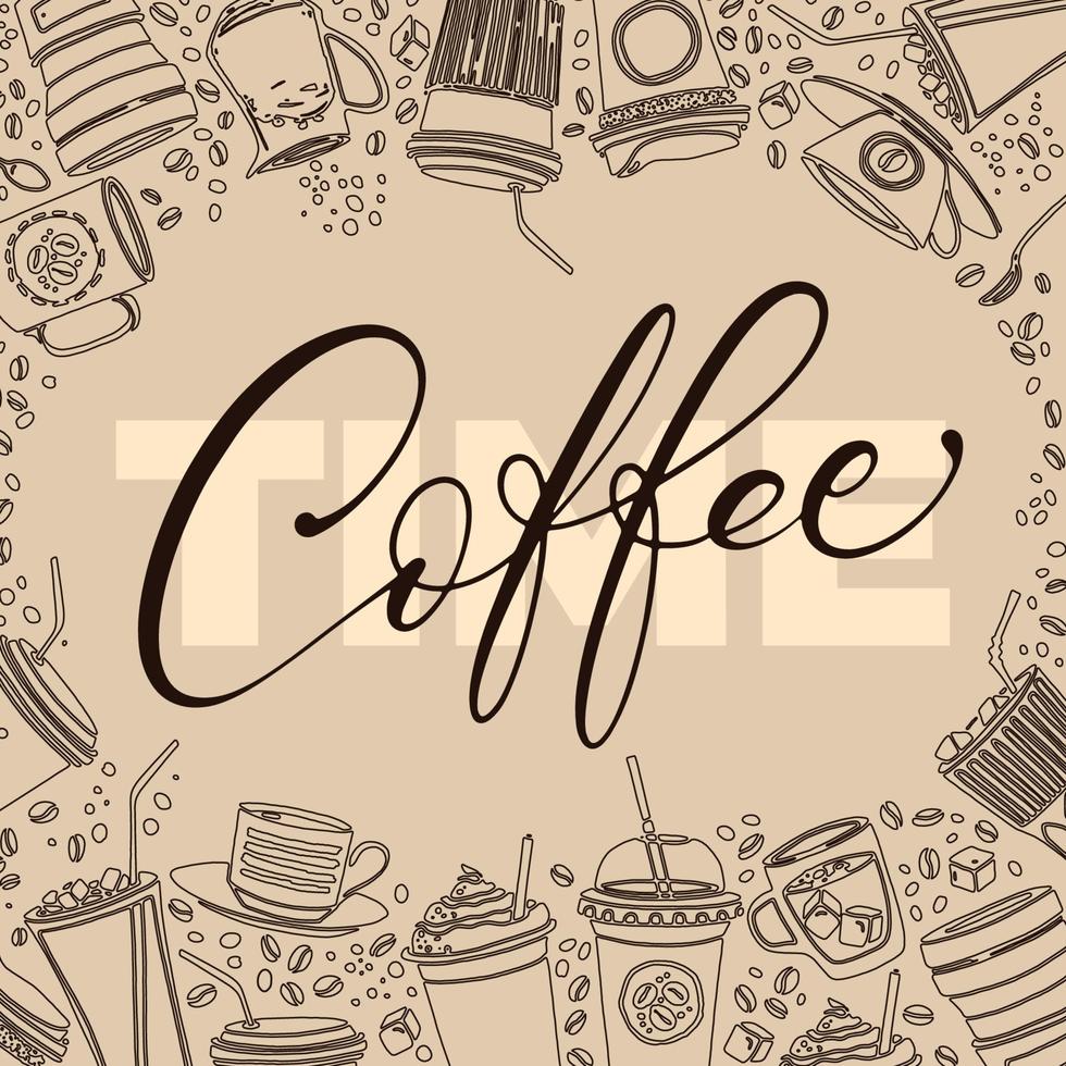 Vector beige color banner for marketing campaign, advertising, promotions. Hand drawn various linear coffee cups, mugs, frappe glasses, coffee beans, sugar and spoons around the text Coffee time.