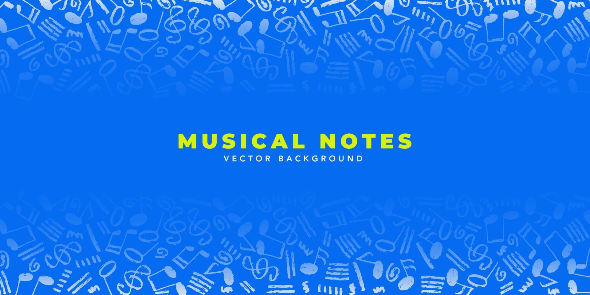 fondo vectorial de notas musicales. plantilla horizontal con elementos musicales dibujados a mano de un color blanco y espacio de copia en el centro sobre fondo de color azul. vector