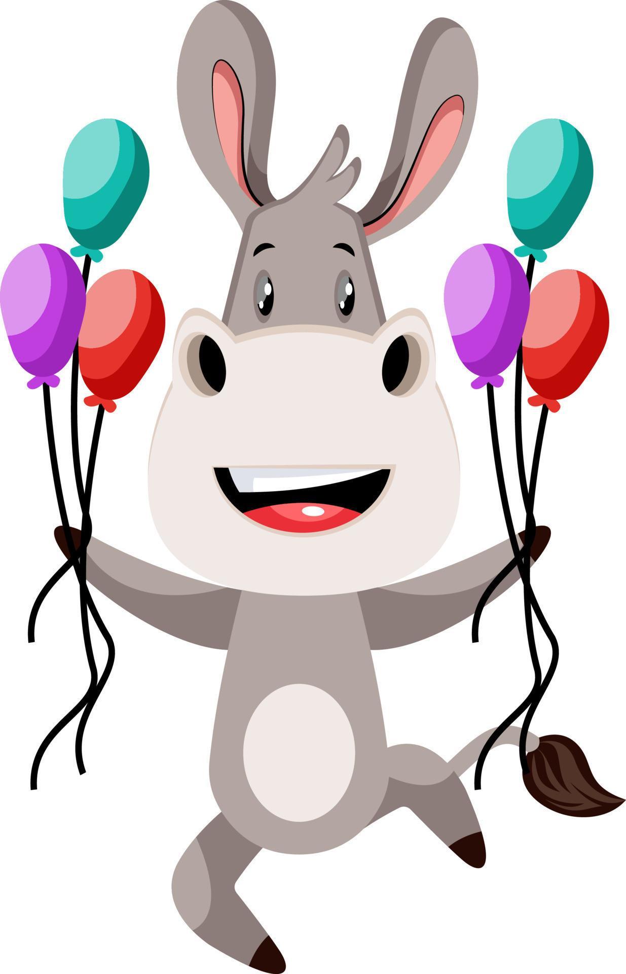 Donkey with balloons, illustration, vector on white background