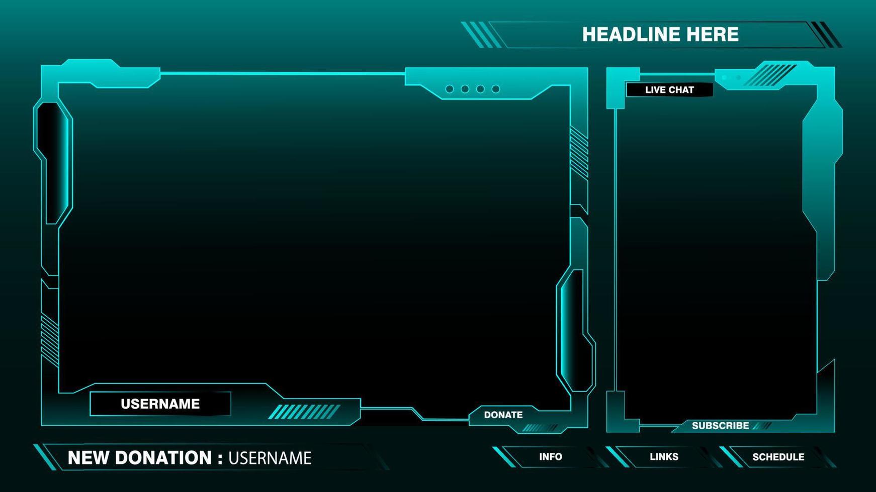 Game live stream interface overlay frames for gamer broadcast. Online streaming banners and menu bars isolated on background. Vector eps10