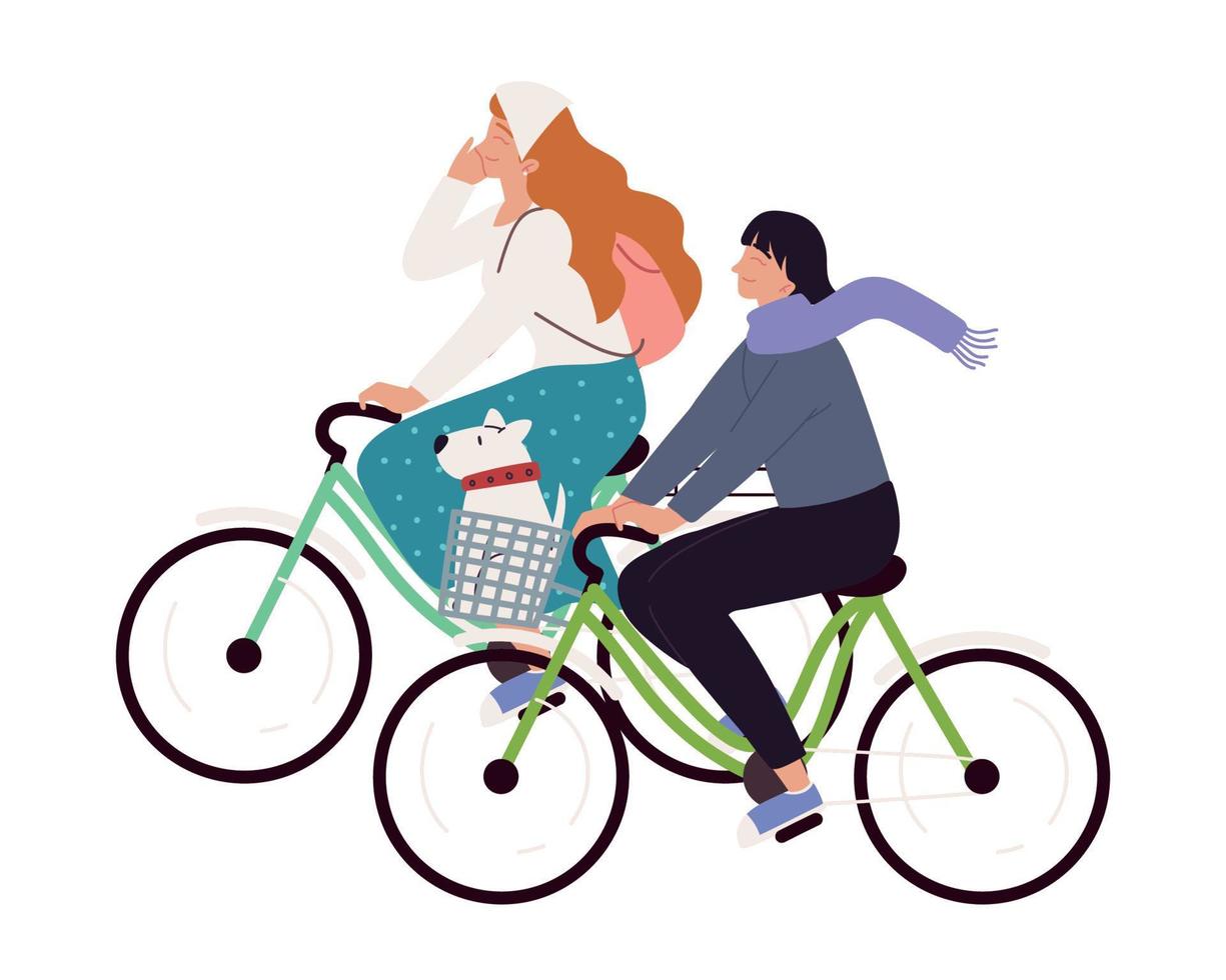 smiling women riding a bikes vector