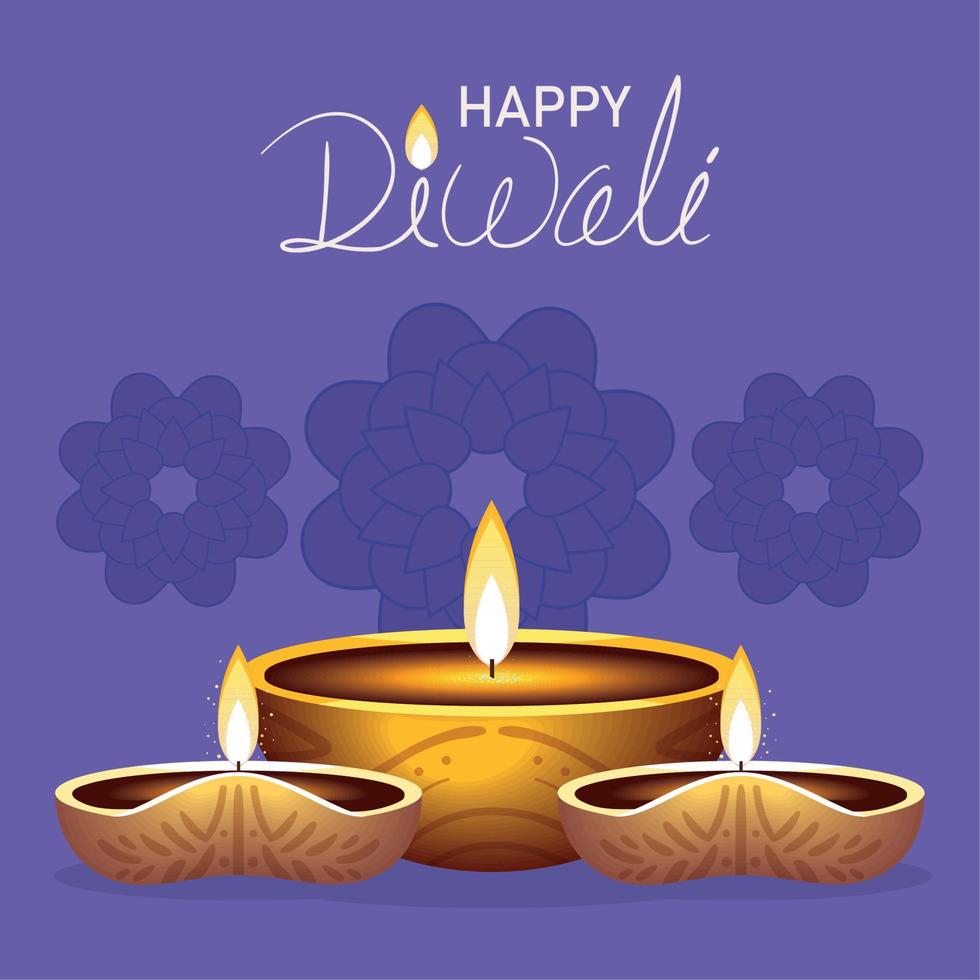 happy Diwali lights and mandalas vector