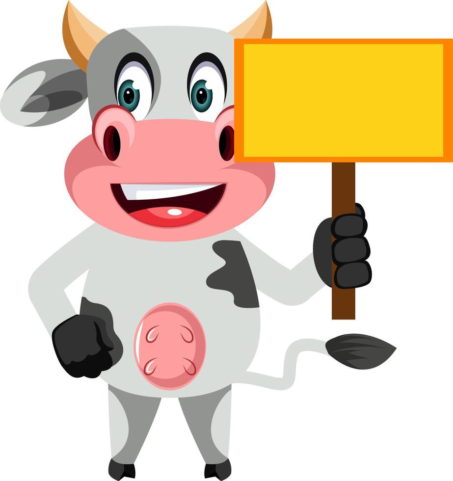Cow with blank panel, illustration, vector on white background.