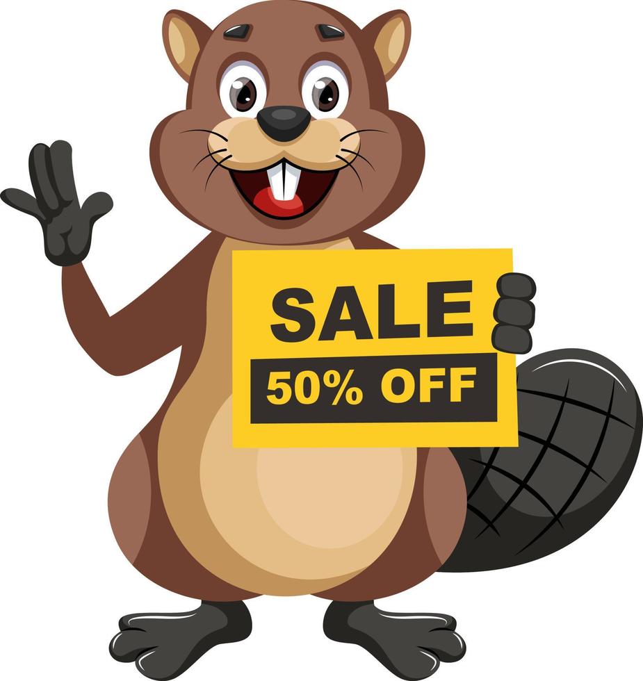Beaver holding sale sign, illustration, vector on white background.