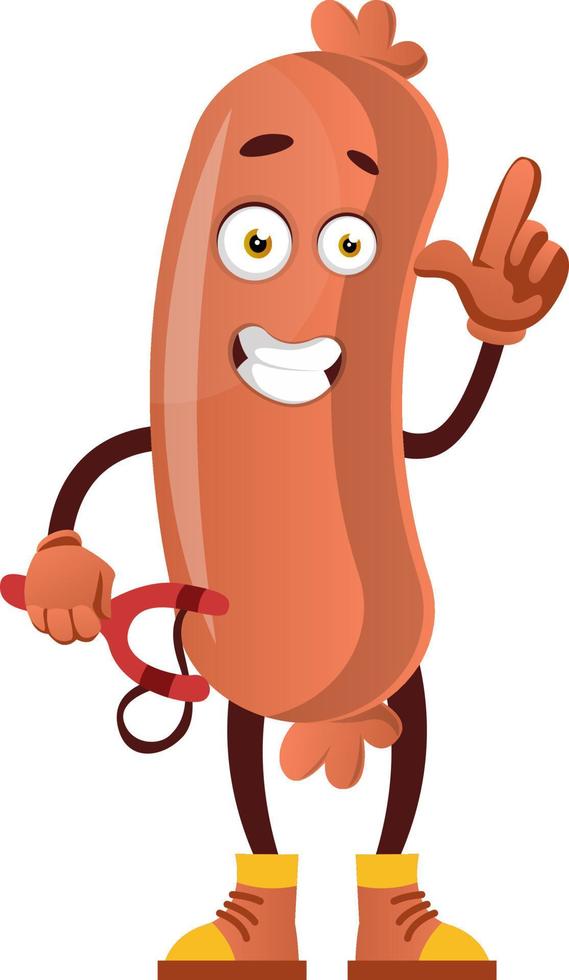 Sausage with sling shot, illustration, vector on white background.