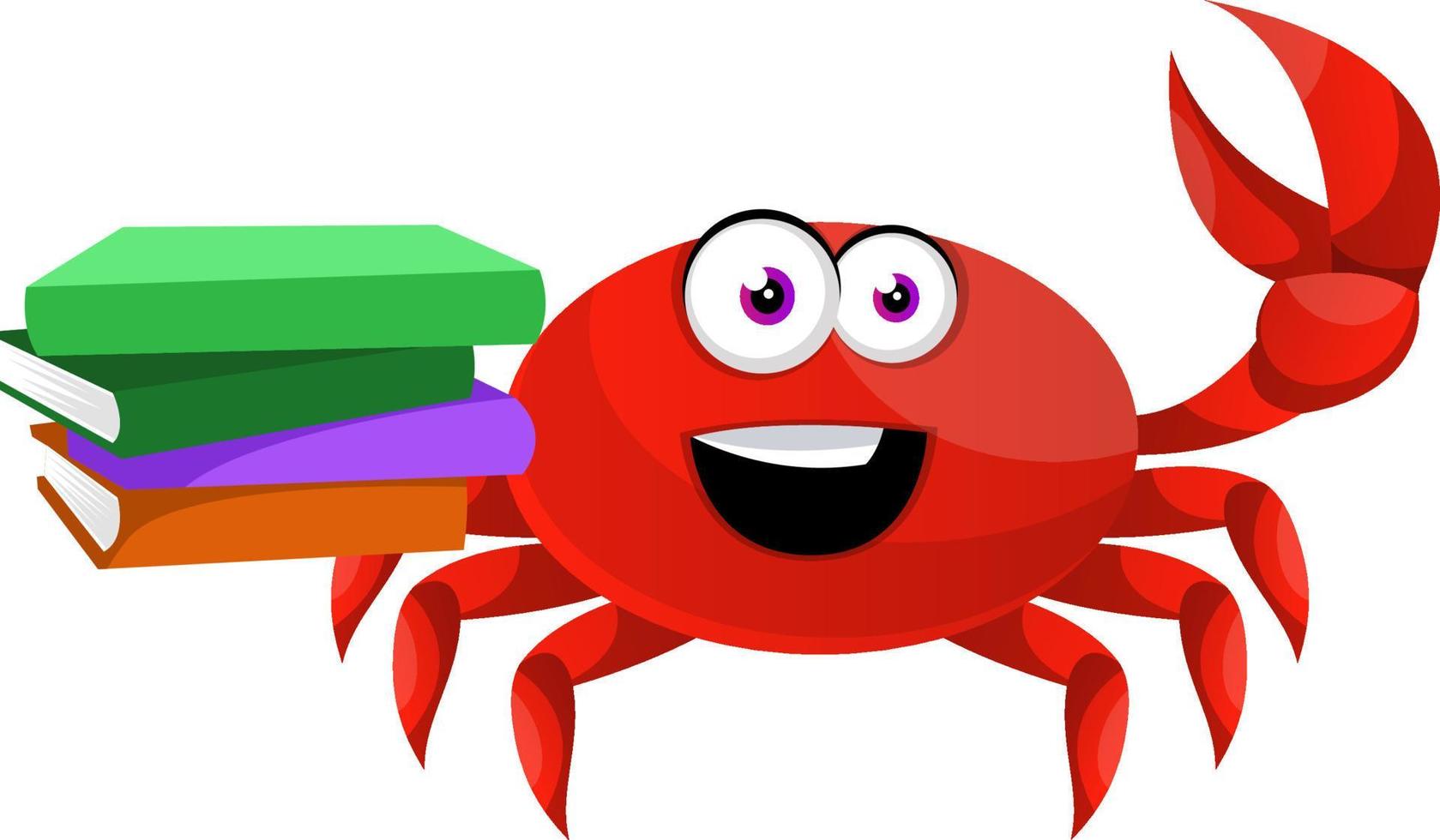 Crab with books, illustration, vector on white background.