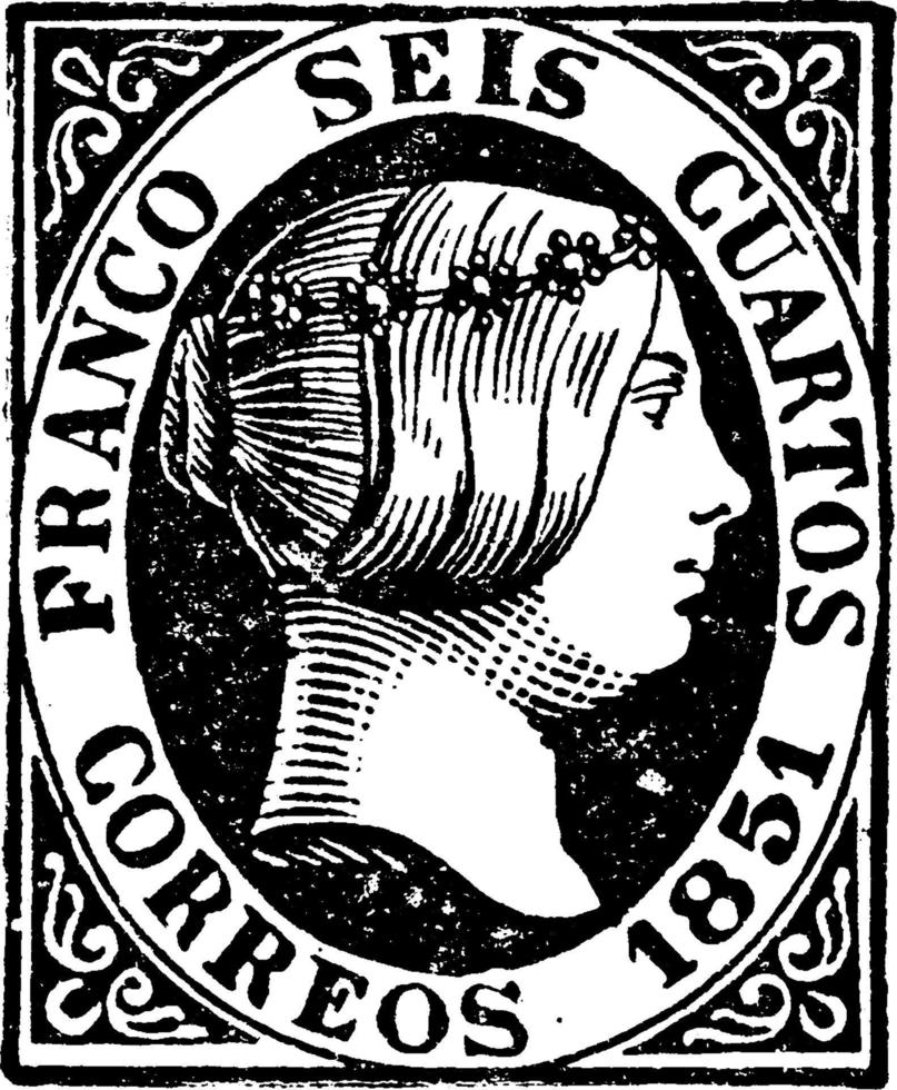 Spain Seis Cuartos Stamp, 1851, vintage illustration vector