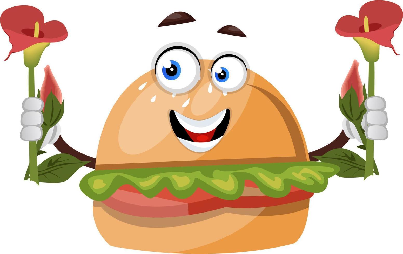 Burger with flowers, illustration, vector on white background.