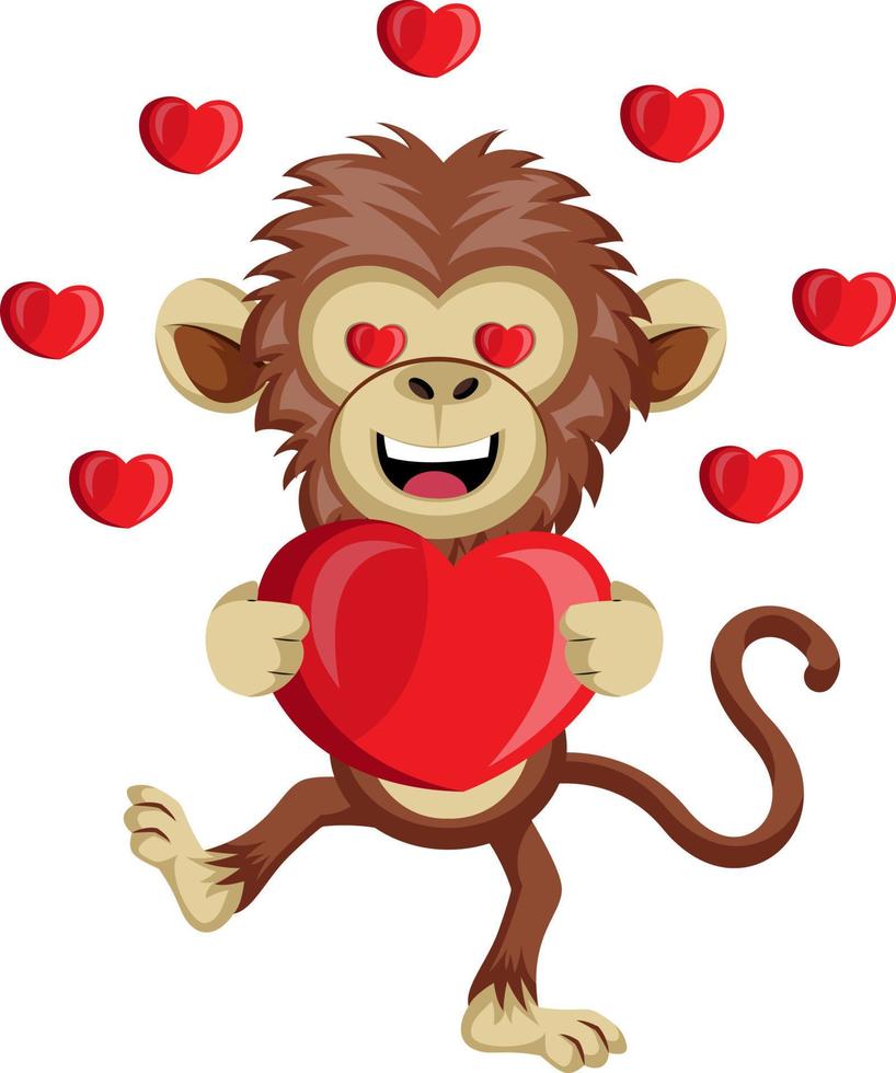 Monkey with big heart, illustration, vector on white background.