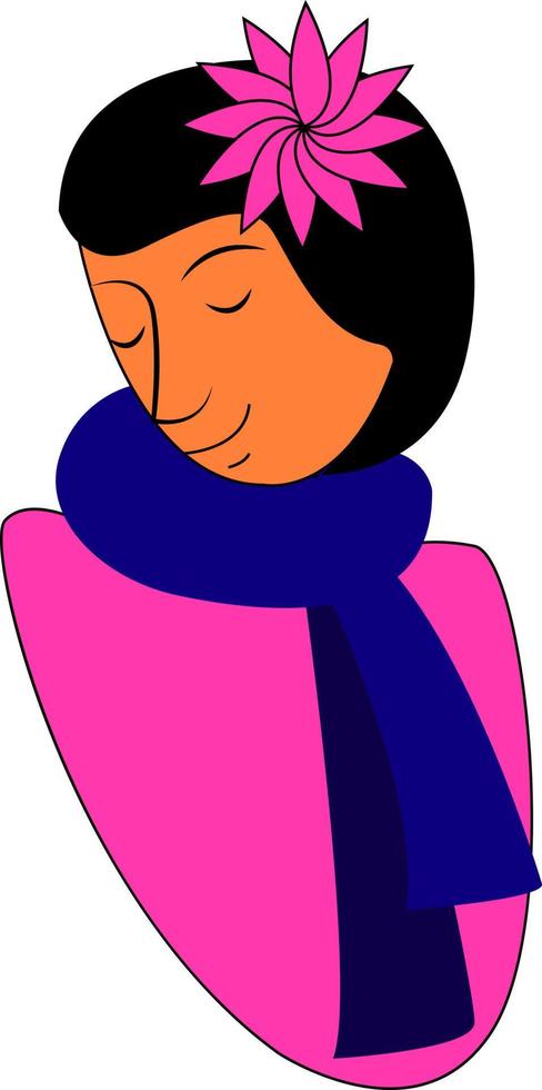 una chica con una flor rosa, un vector o una ilustración de color.