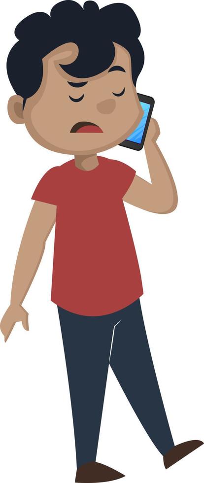 Boy is talking on the phone, illustration, vector on white background.