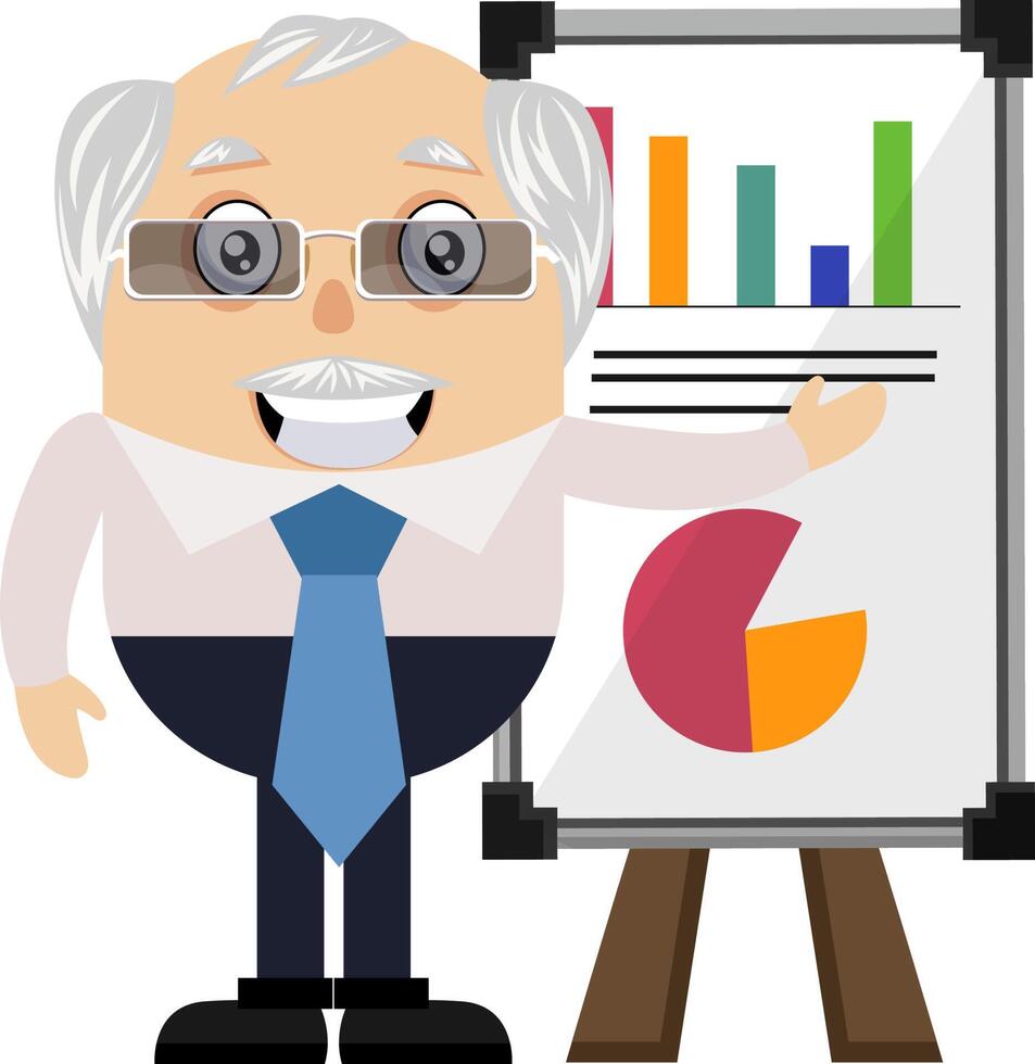 Old man with analytics table, illustration, vector on white background.