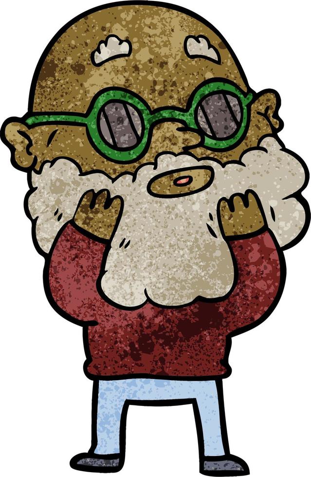 hombre de dibujos animados de textura grunge retro con barba con gafas vector