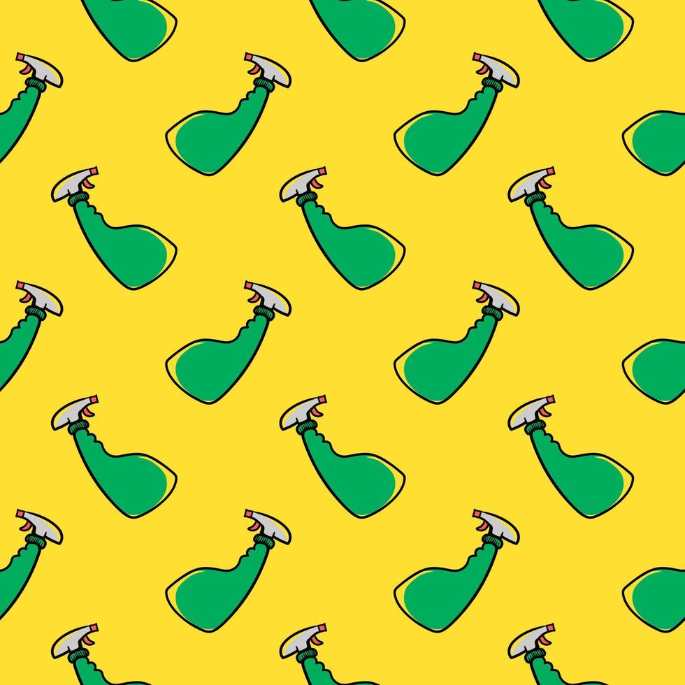 Green spray cleaner ,seamless pattern on yellow background. vector