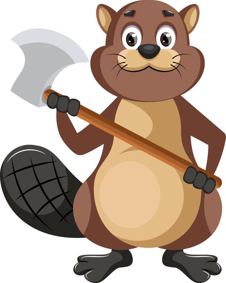 Beaver holding axe, illustration, vector on white background.