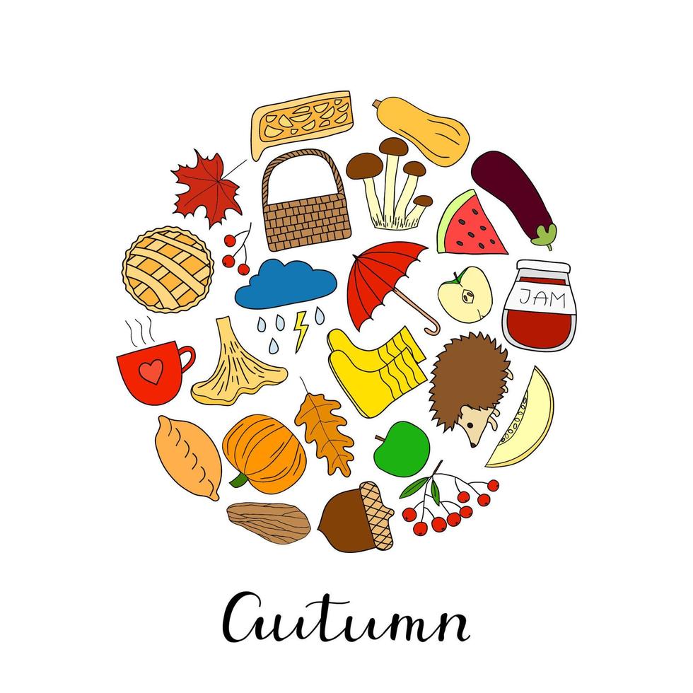 Hand drawn autumn items in circle. vector