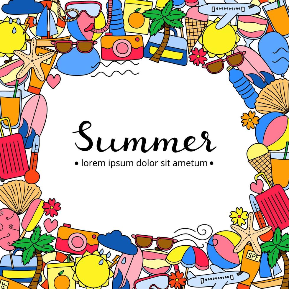 Square background with doodle summer items. vector