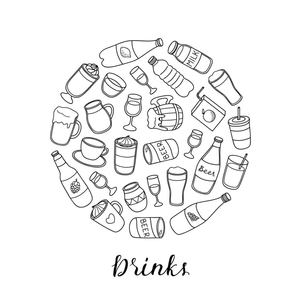 Hand drawn liquid drinks in circle. vector