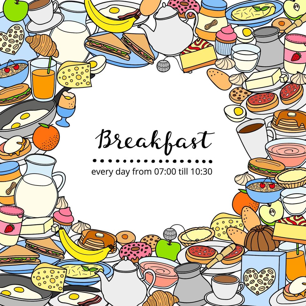 Background with doodle breakfast items. vector