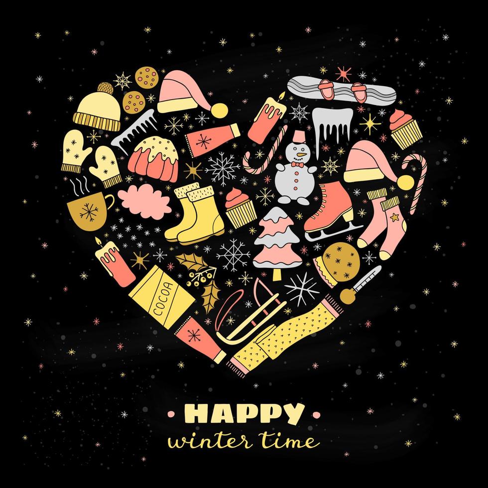 Hand drawn winter items in heart shape. vector