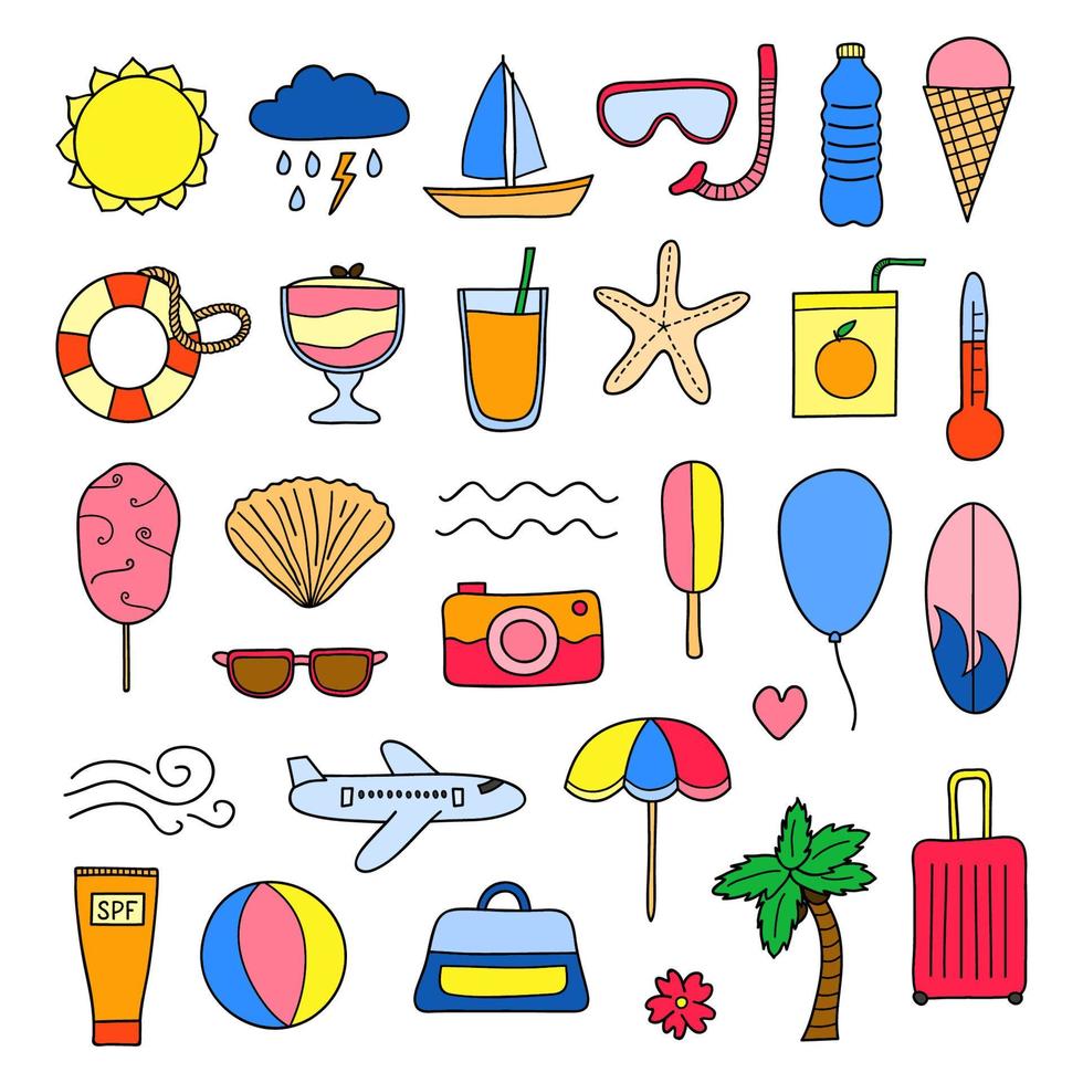 Set of doodle summer and vacation items. vector