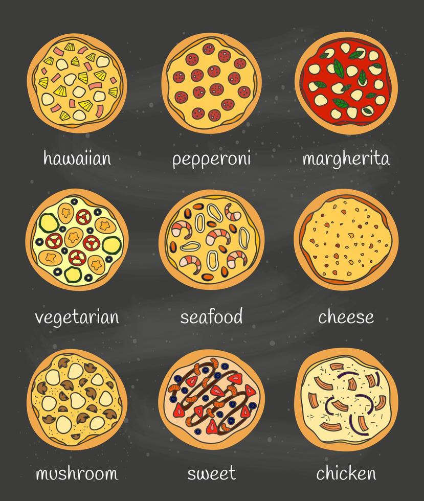 Set of doodle pizza. vector