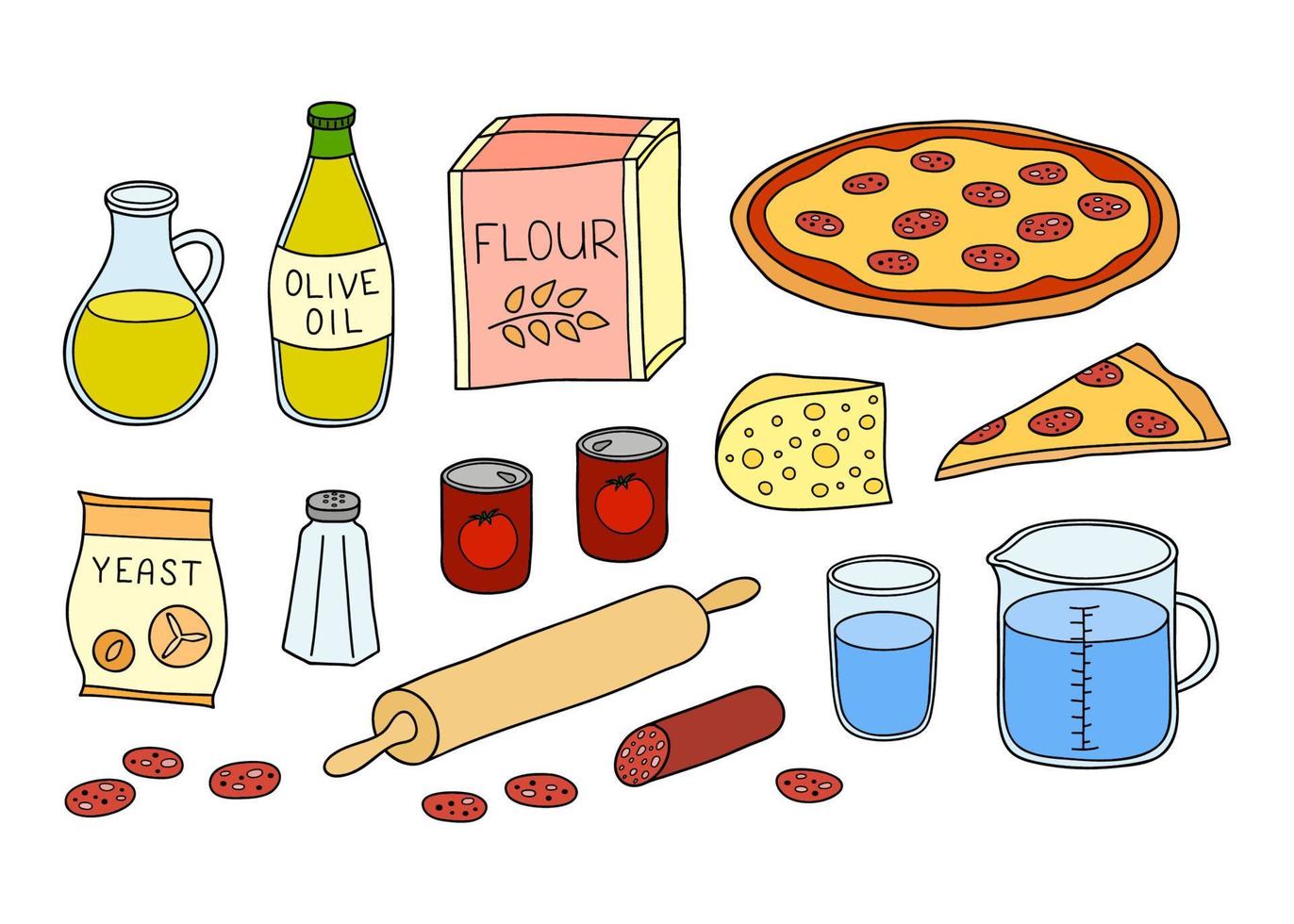 Set of hand drawn ingredients for pizza. vector