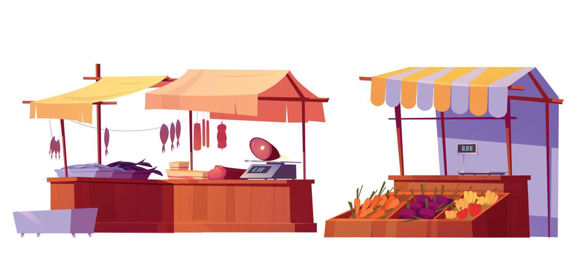 Outdoor farm market stalls, wooden fair booths vector