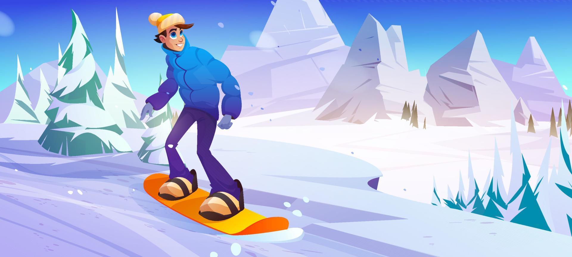 Man rides on snowboard on slope in mountains vector