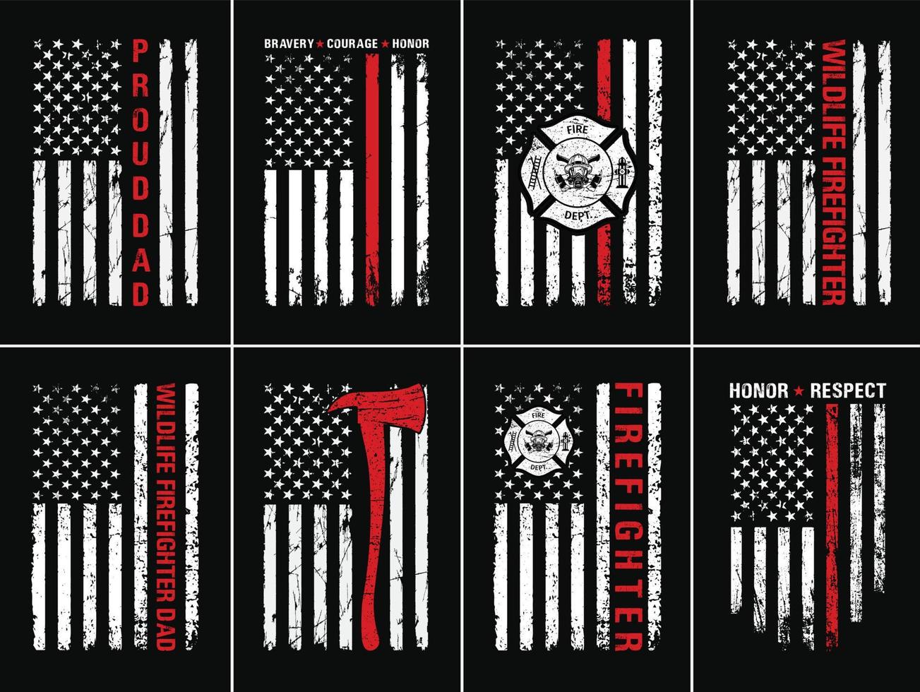 American Firefighter Design Template. Firefighter With USA Flag T Shirt Design Bundle vector