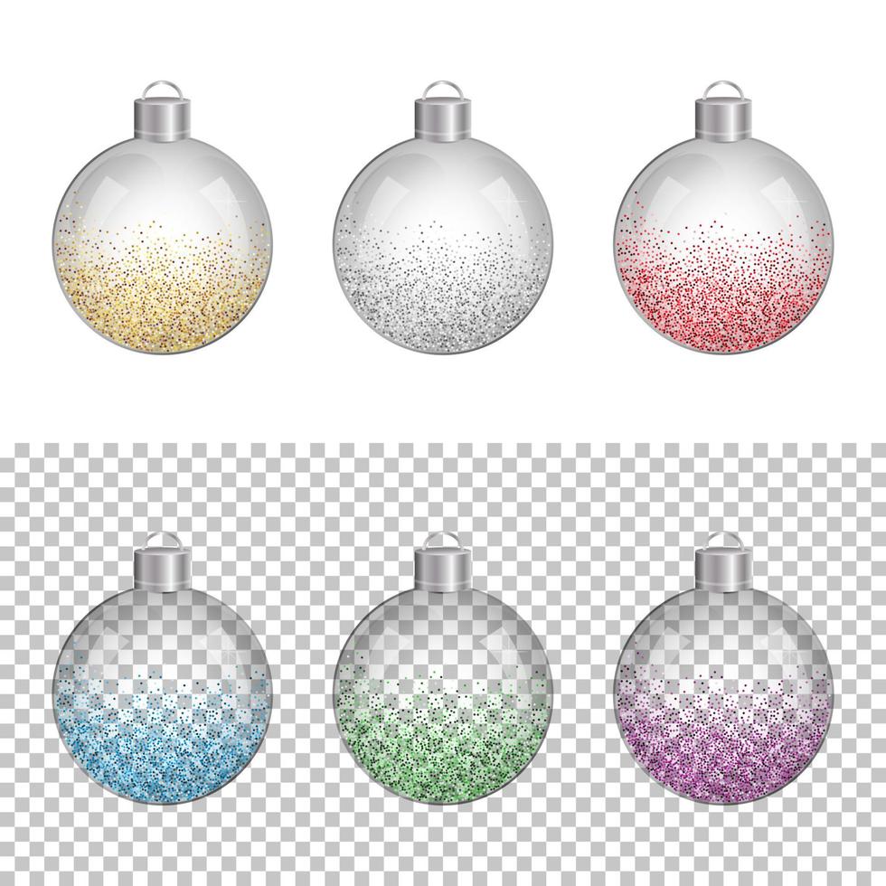 Set of glass balls with glitter confetti. vector