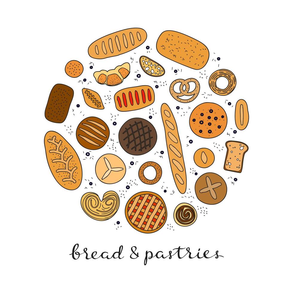 Hand drawn bread and pastries in circle. vector