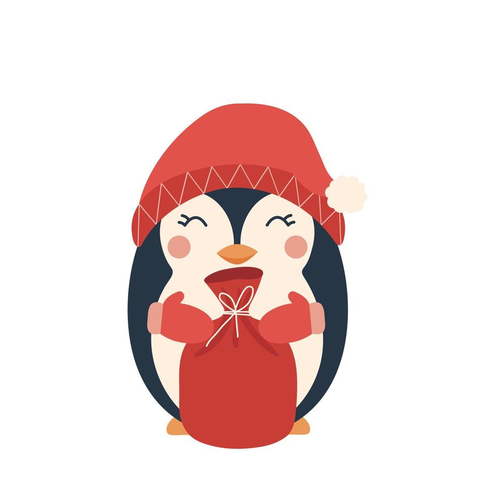 ilustración de dibujos animados de pingüinos con saco de santa. personaje navideño. invierno 2023 vector