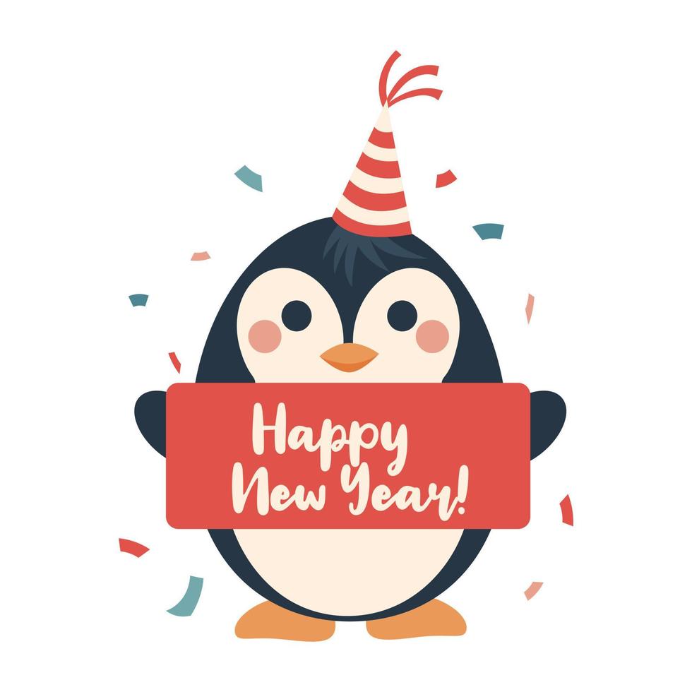 Penguin cartoon illustration with happy new year sign. Christmas
