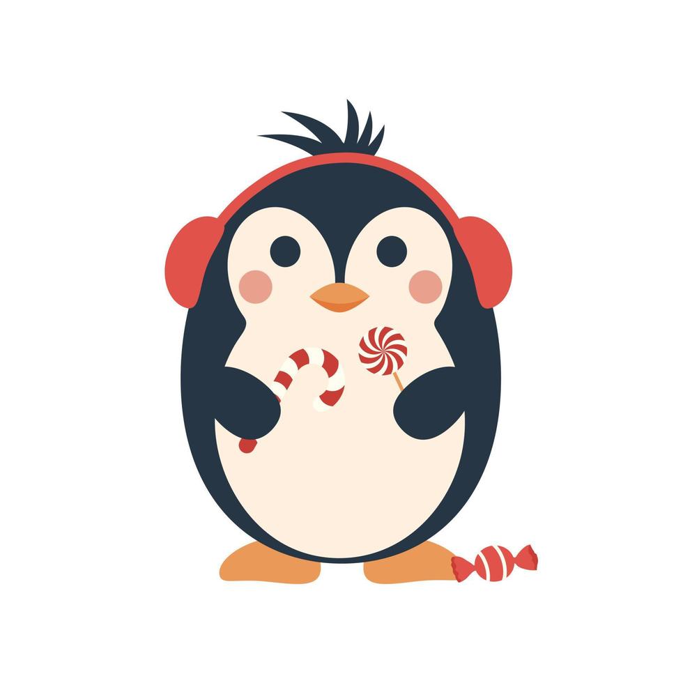 ilustración de dibujos animados de pingüinos con bastón de caramelo y piruleta. personaje navideño. invierno 2023 vector