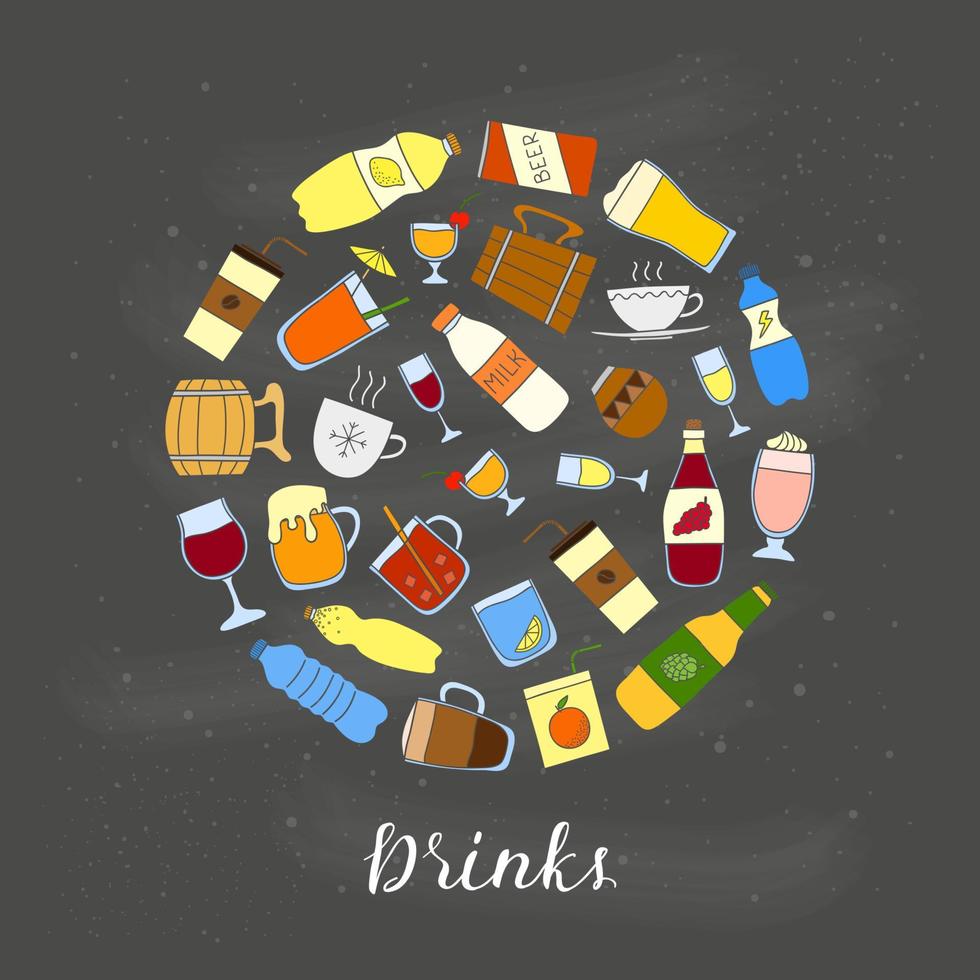 Doodle drinks in circle. vector