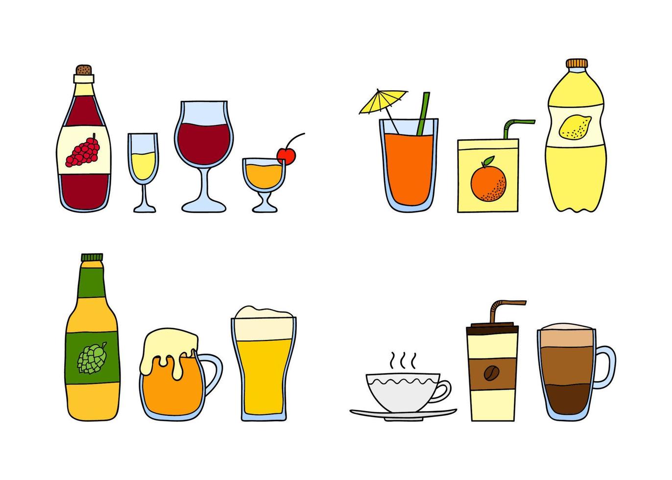 diferentes grupos de bebidas de garabatos. vector