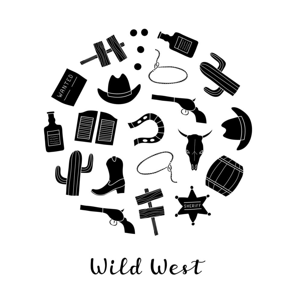 elementos del salvaje oeste dibujados a mano en círculo. vector