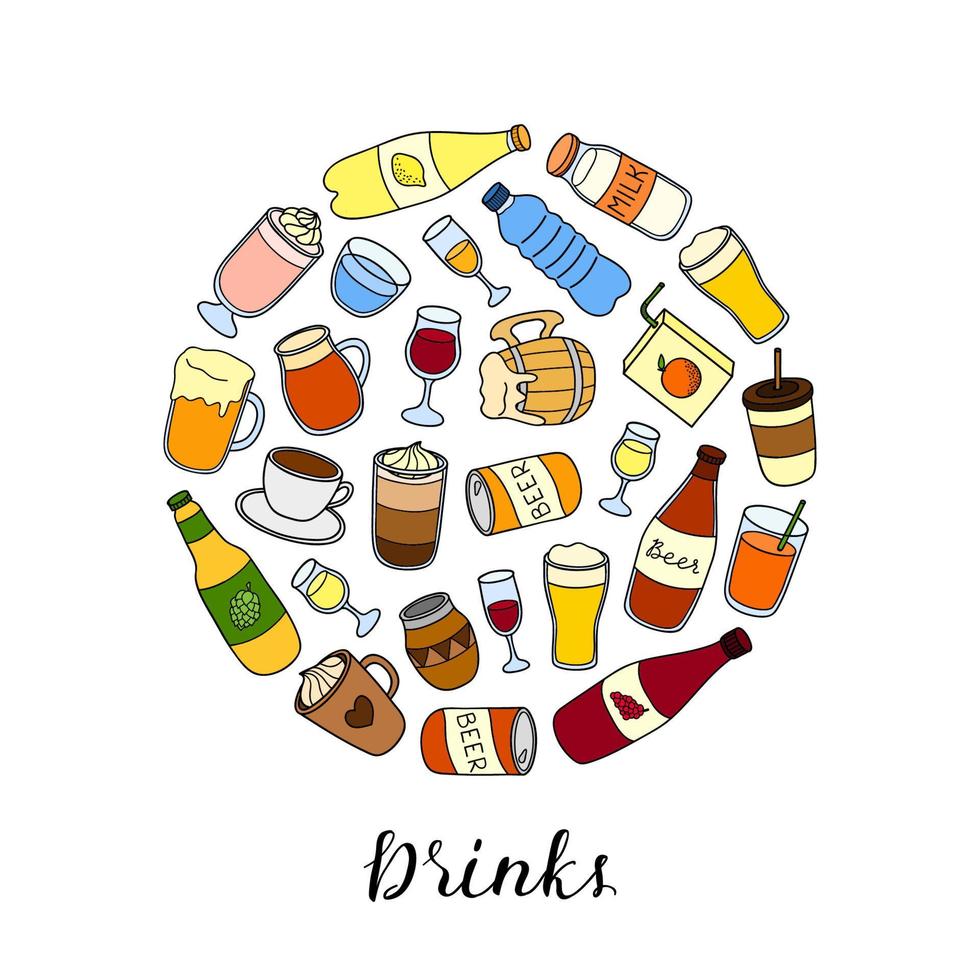 Hand drawn liquid drinks in circle. vector