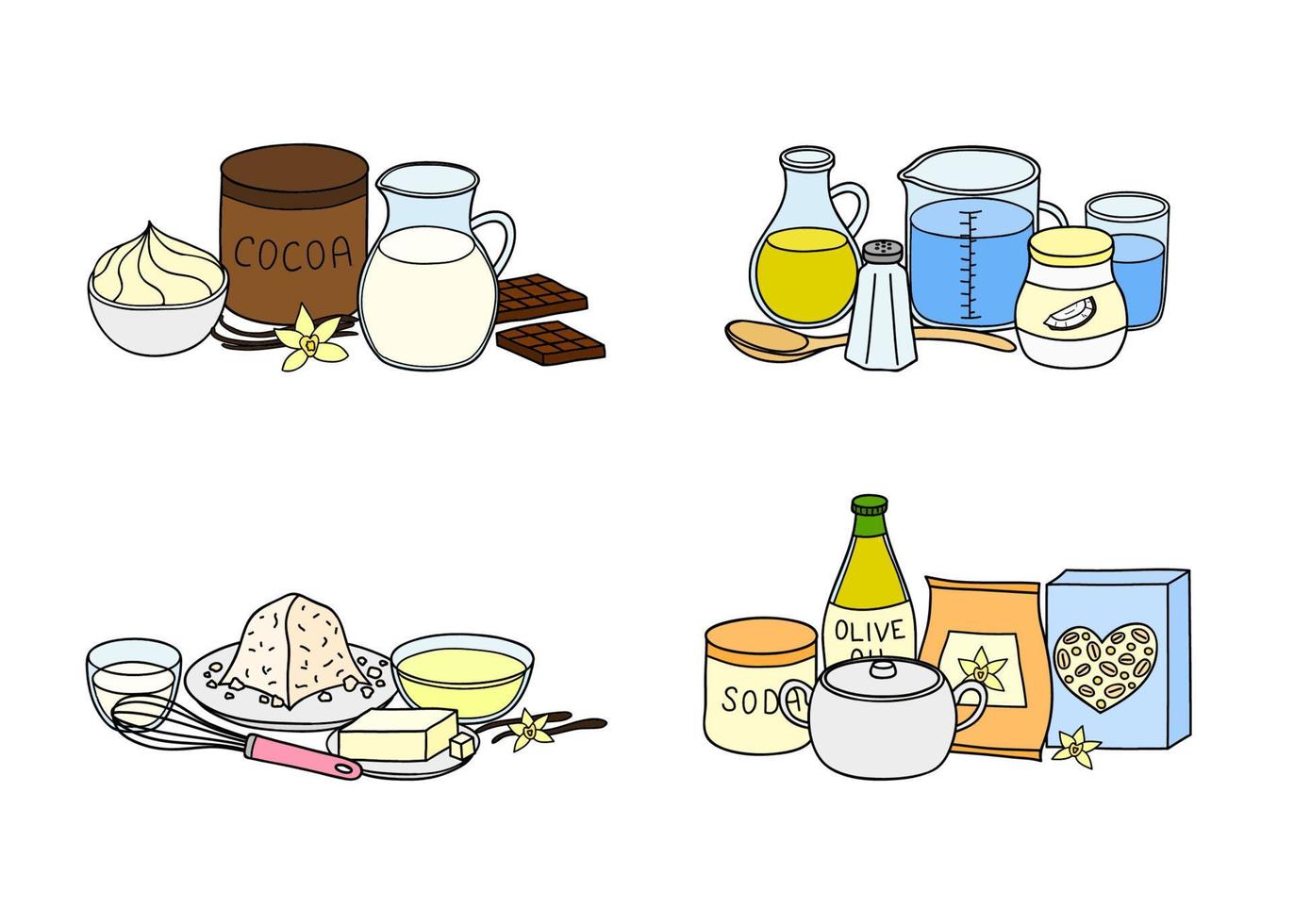 grupos de ingredientes de cocina dibujados a mano. vector