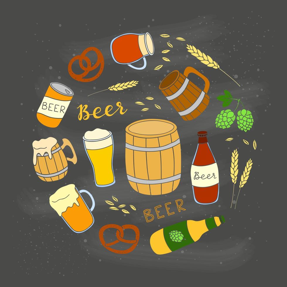 Hand drawn beer items in circle. vector