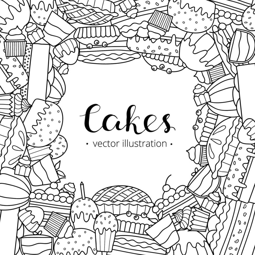 Background with doodle cakes and desserts. vector