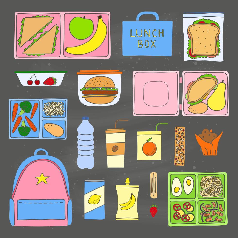 Set of hand drawn lunch boxes. vector